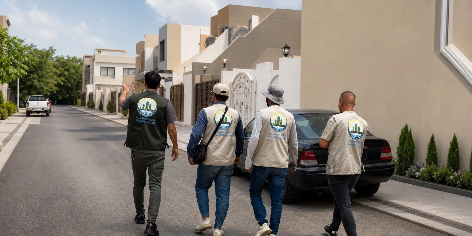 فريق جوال من أربعة فنيين يتجول في حي سكني لتحديث بيانات المشتركين